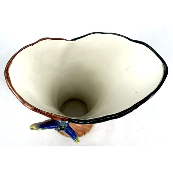 Butterfly Wings Vase Porcelain Majolica Orange Brown Blue Applied Butterfly 9" - Picture 6 of 7